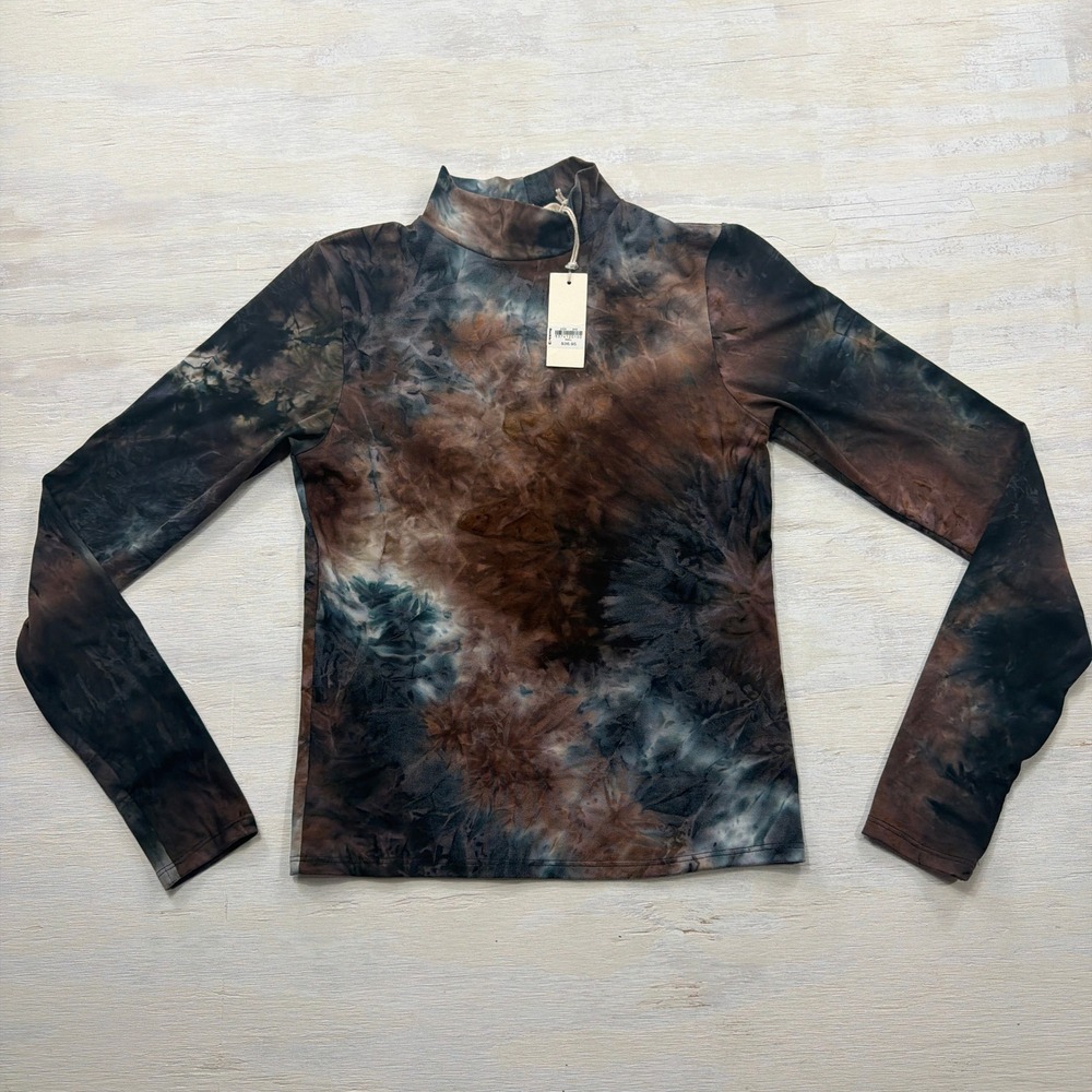 Gilded Intent Top Mock Neck Tie Dye Long Sleeve Small Brown Grey Blue Womens NWT